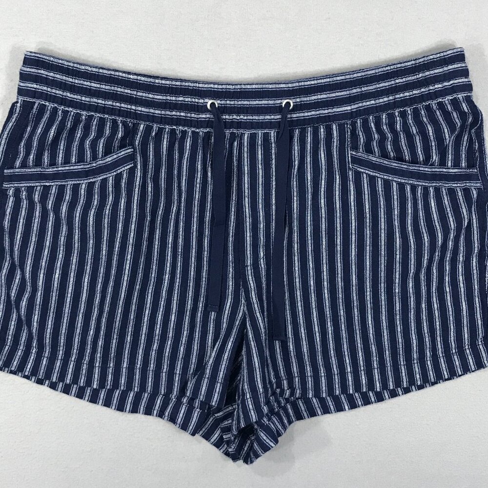 GAP Shorts Women's Large Blue Striped Pull On Elastic Waist Pockets Linen Blend